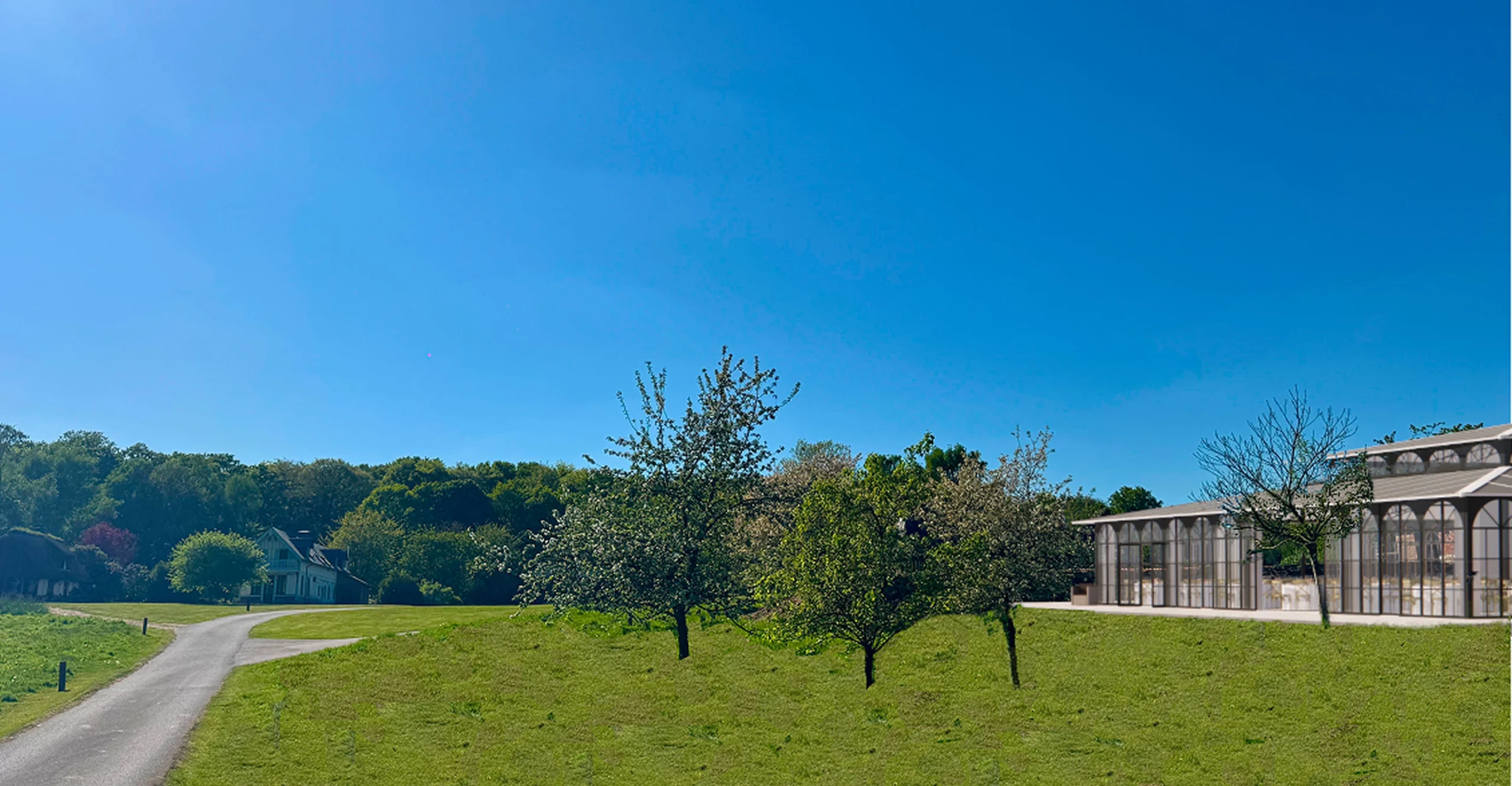 Vue panoramique de l'orangerie du domaine de la ferme de fourges